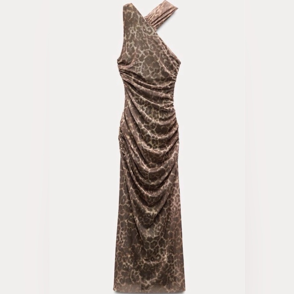 NWT Zara Elegant Leopard Print Ruched One-Shoulder Dress, Size Medium